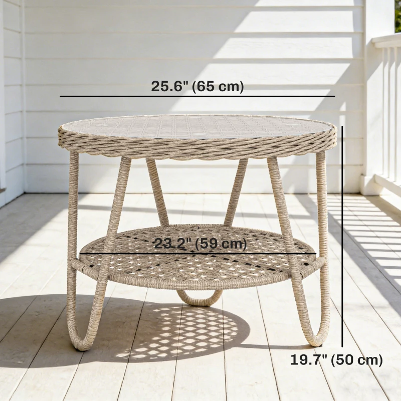 Outsunny Rattan Outdoor Coffee Table, 2-Tier Small Garden Side Table with Storage Shelf, Tempered Glass Top, Adjustable Footpads