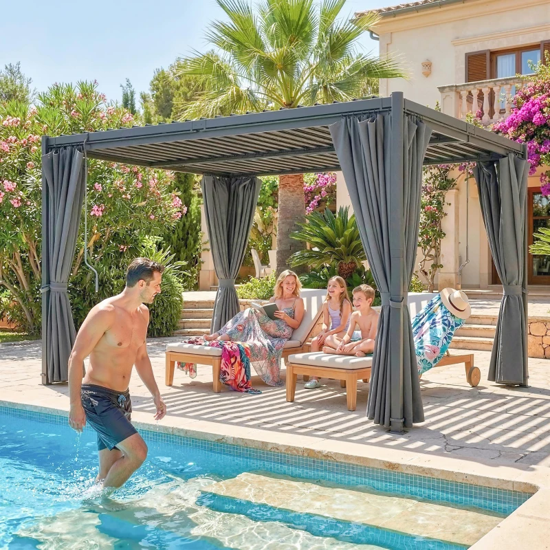 Outsunny 10 x 13 ft Louvered Pergola with Steel Roof, Curtains, Outdoor Metal Pergola Gazebo with Drainage Gutters, Grey