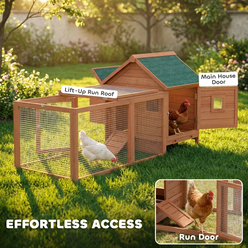 PawHut 72" Chicken Coop, Wooden Hen House for 2 Chickens, Poultry Cage with Run, Nesting Box, Removable Tray, Waterproof Roof