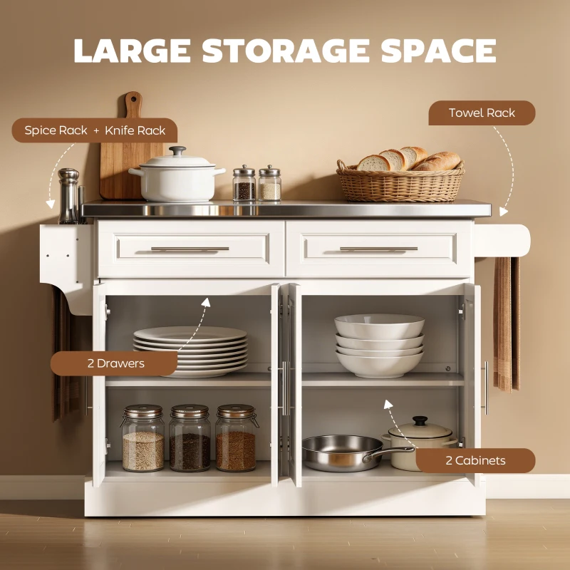 HOMCOM Rolling Kitchen Island with Storage and Stainless Steel Top, Kitchen Trolley with Drawers, Cabinets, Towel Rack