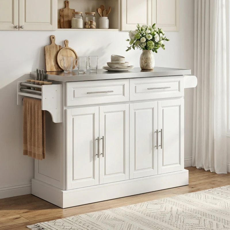 HOMCOM Rolling Kitchen Island with Storage and Stainless Steel Top, Kitchen Trolley with Drawers, Cabinets, Towel Rack