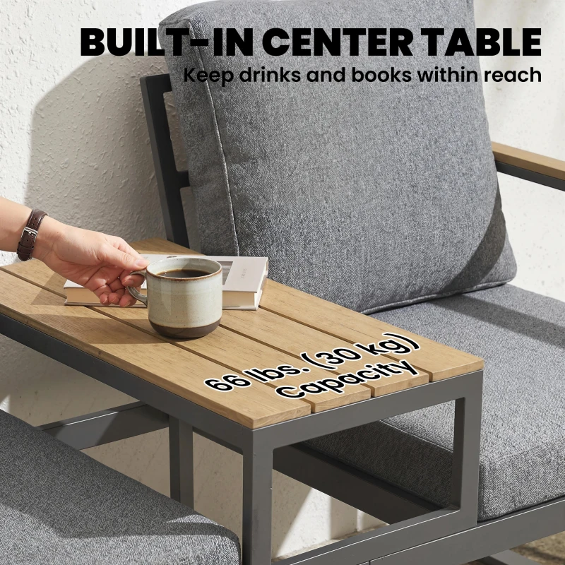 Outsunny Outdoor Garden Bench with Integrated Table, 2 Seater Patio Loveseat with Thick Cushions, 136 cm Grey