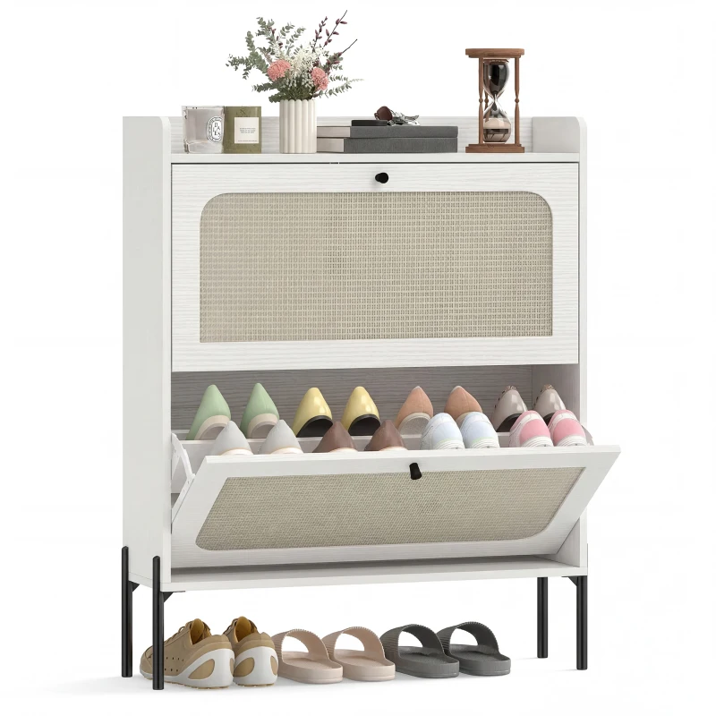 HOMCOM Shoe Cabinet with 2 Flip Drawers, Boho Narrow Shoe Storage Cabinet, White
