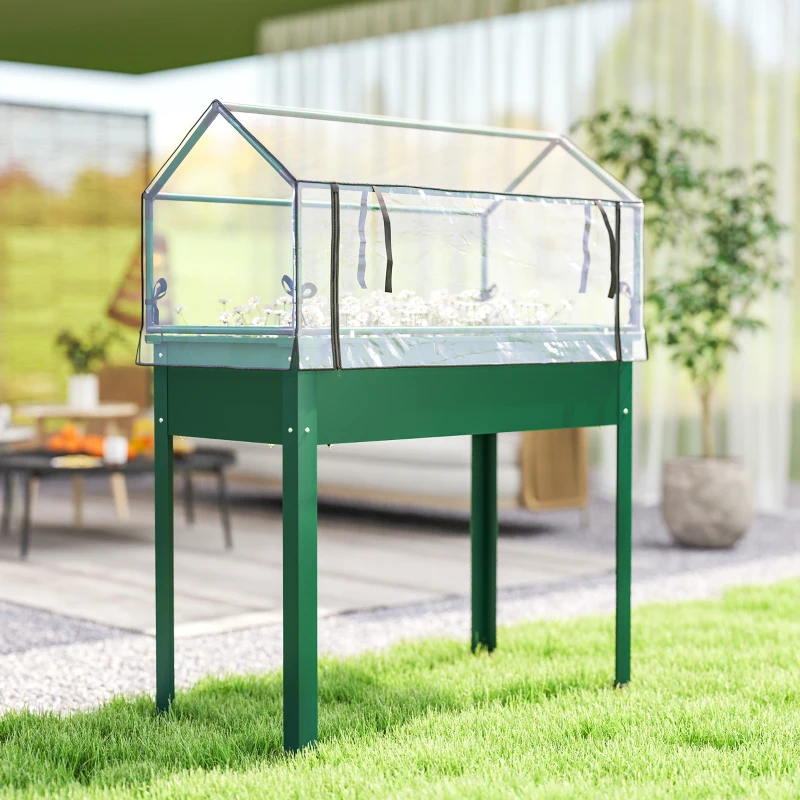 Outsunny Elevated Garden Box with Greenhouse Cover, Raised Garden Bed with Legs and Drainage Hole for Vegetables, Green