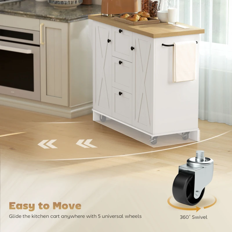 HOMCOM Farmhouse Kitchen Island Cart with Power Outlet and Soft-Close Doors, 49" Kitchen Island with 3 Drawers, White