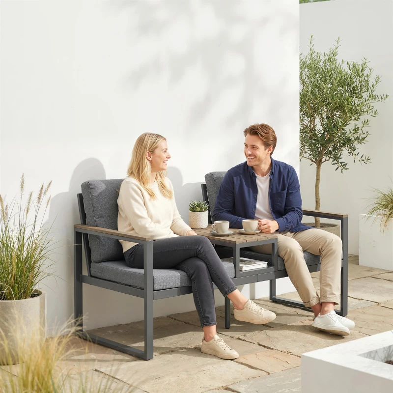 Outsunny Outdoor Garden Bench with Integrated Table, 2 Seater Patio Loveseat with Thick Cushions, 136 cm Grey