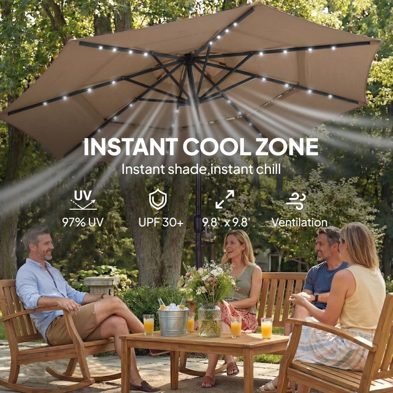 Outsunny 9.7 ft Outdoor Patio Umbrella with Solar LED Lights, 3 Tier Outdoor Table Umbrella with Tilt, Crank, Khaki