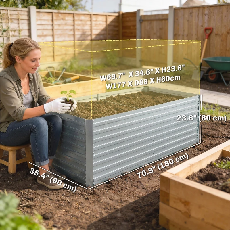 Outsunny Set of 2 Galvanised Raised Garden Bed, 6 x 3 x 2 ft Metal Garden Bed with Safe Edging, Silver