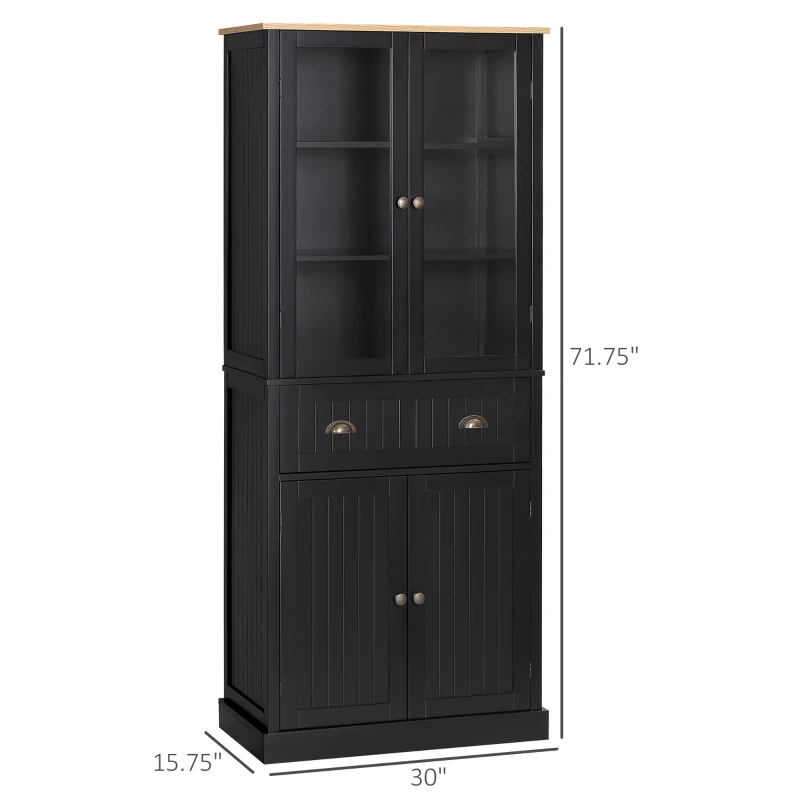 HOMCOM 72" Freestanding Kitchen Pantry Cabinet, Tall Storage Cabinet with Glass Doors, Drawer and Adjustable Shelves for Dining Room, Black