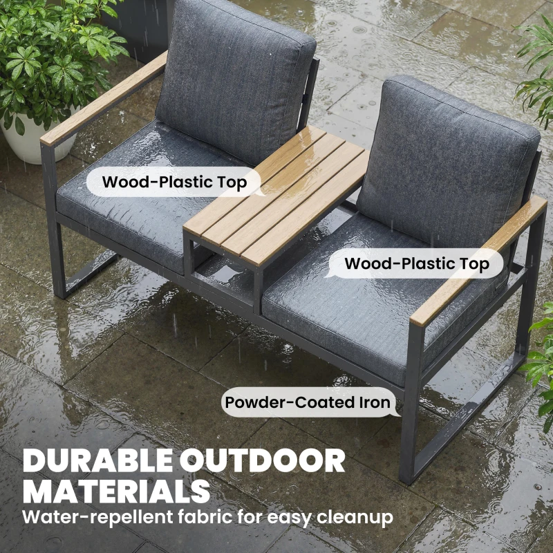 Outsunny Outdoor Garden Bench with Integrated Table, 2 Seater Patio Loveseat with Thick Cushions, 136 cm Grey