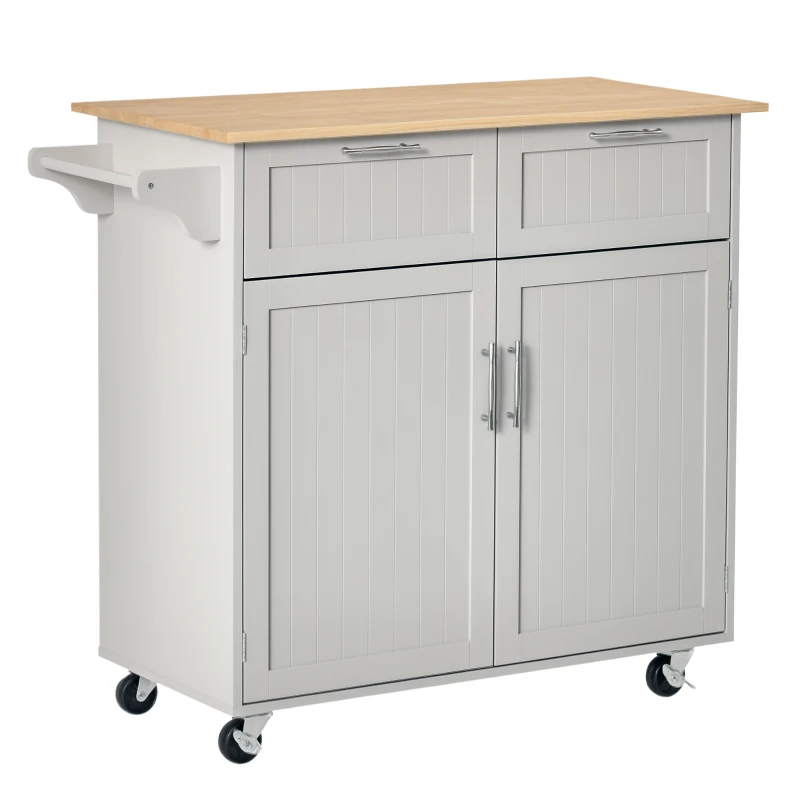 HOMCOM 41" Kitchen Island with Storage and Solid Wood Top, Rolling Kitchen Cart on Wheels with 2 Storage Drawers, 2 Doors and Towel Rack for Dining Room, Grey