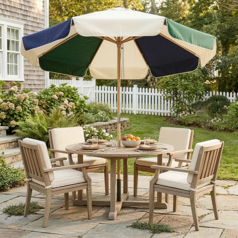 Outsunny 7.4 ft Patio Umbrella with Wood-Effect Frame, Colour-Blocked UPF 30+ Outdoor Market Table Umbrella Parasol, Dark Green
