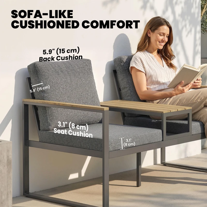 Outsunny Outdoor Garden Bench with Integrated Table, 2 Seater Patio Loveseat with Thick Cushions, 136 cm Grey