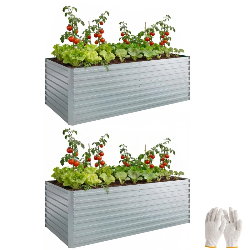 Outsunny Set of 2 Galvanised Raised Garden Bed, 6 x 3 x 2 ft Metal Garden Bed with Safe Edging, Silver