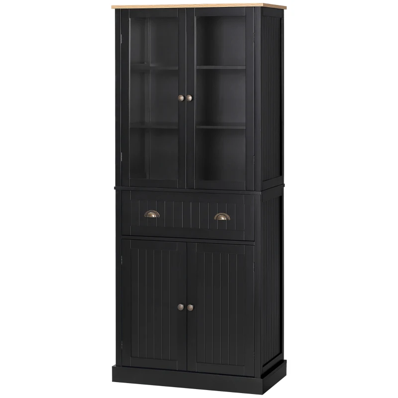 HOMCOM 72" Freestanding Kitchen Pantry Cabinet, Tall Storage Cabinet with Glass Doors, Drawer and Adjustable Shelves for Dining Room, Black