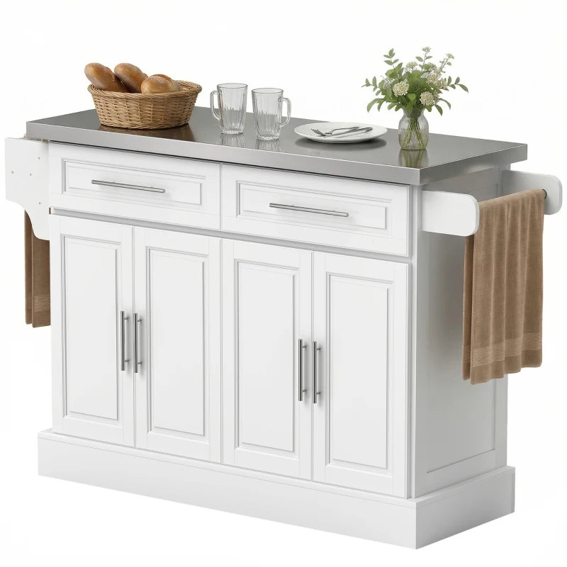 HOMCOM Rolling Kitchen Island with Storage and Stainless Steel Top, Kitchen Trolley with Drawers, Cabinets, Towel Rack
