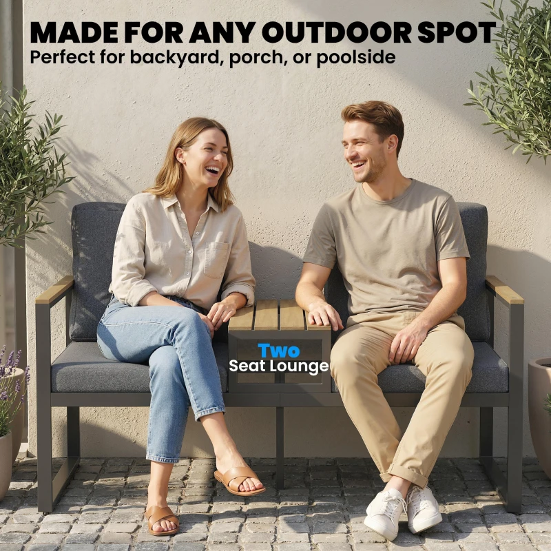 Outsunny Outdoor Garden Bench with Integrated Table, 2 Seater Patio Loveseat with Thick Cushions, 136 cm Grey
