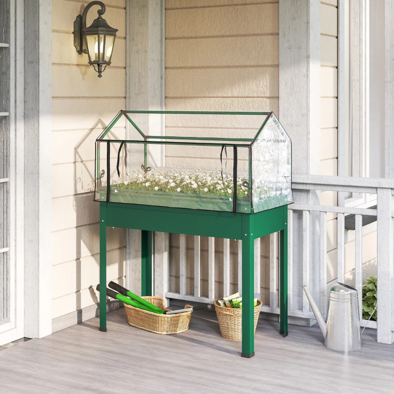 Outsunny Elevated Garden Box with Greenhouse Cover, Raised Garden Bed with Legs and Drainage Hole for Vegetables, Green
