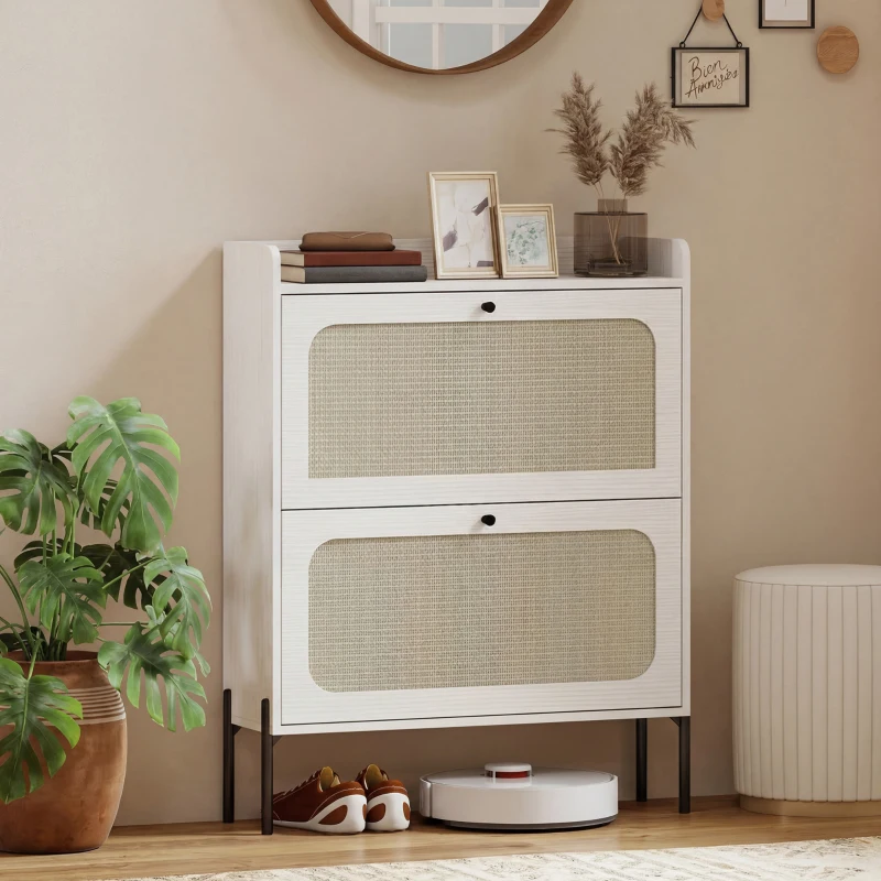 HOMCOM Shoe Cabinet with 2 Flip Drawers, Boho Narrow Shoe Storage Cabinet, White