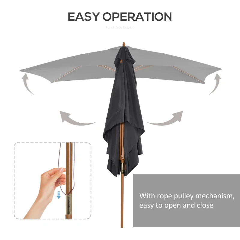 Outsunny 7' x 10' Wooden Patio Umbrella, Rectangle Garden Parasol, Outdoor Sunshade Canopy with Bamboo Ribs for Garden, Dark Grey