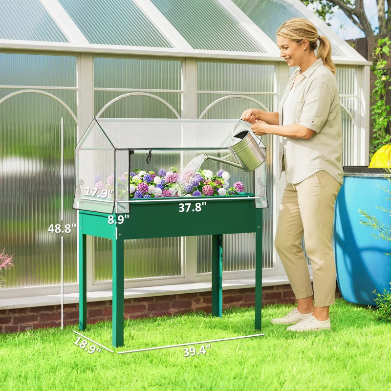 Outsunny Elevated Garden Box with Greenhouse Cover, Raised Garden Bed with Legs and Drainage Hole for Vegetables, Green