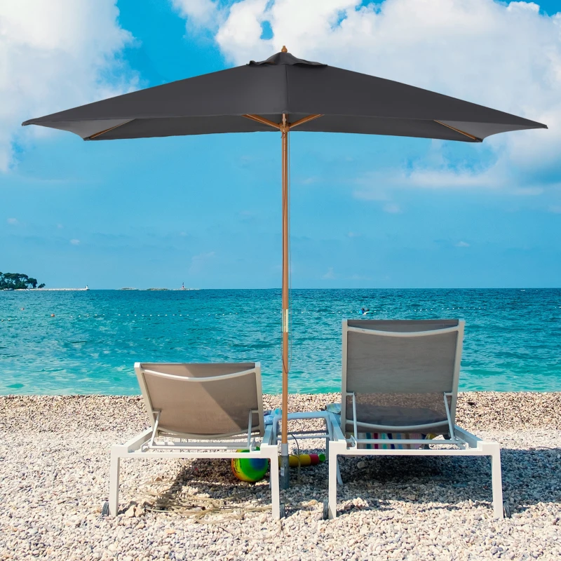 Outsunny 7' x 10' Wooden Patio Umbrella, Rectangle Garden Parasol, Outdoor Sunshade Canopy with Bamboo Ribs for Garden, Dark Grey