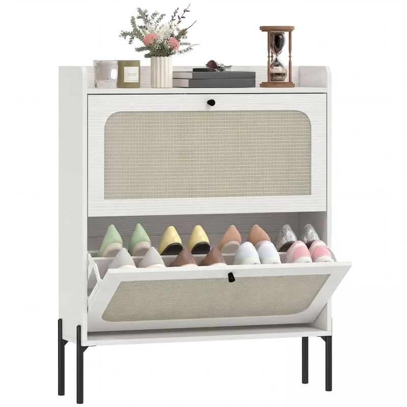 HOMCOM Shoe Cabinet with 2 Flip Drawers, Boho Narrow Shoe Storage Cabinet, White