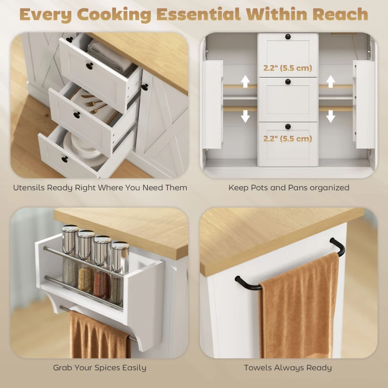 HOMCOM Farmhouse Kitchen Island Cart with Power Outlet and Soft-Close Doors, 49" Kitchen Island with 3 Drawers, White