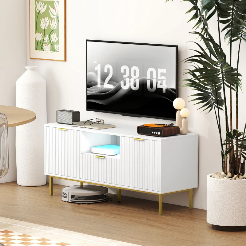 HOMCOM Modern TV Console for TVs up to 50 Inch, Entertainment Center with Smart RGB LED Lights and Soft Close Doors, White