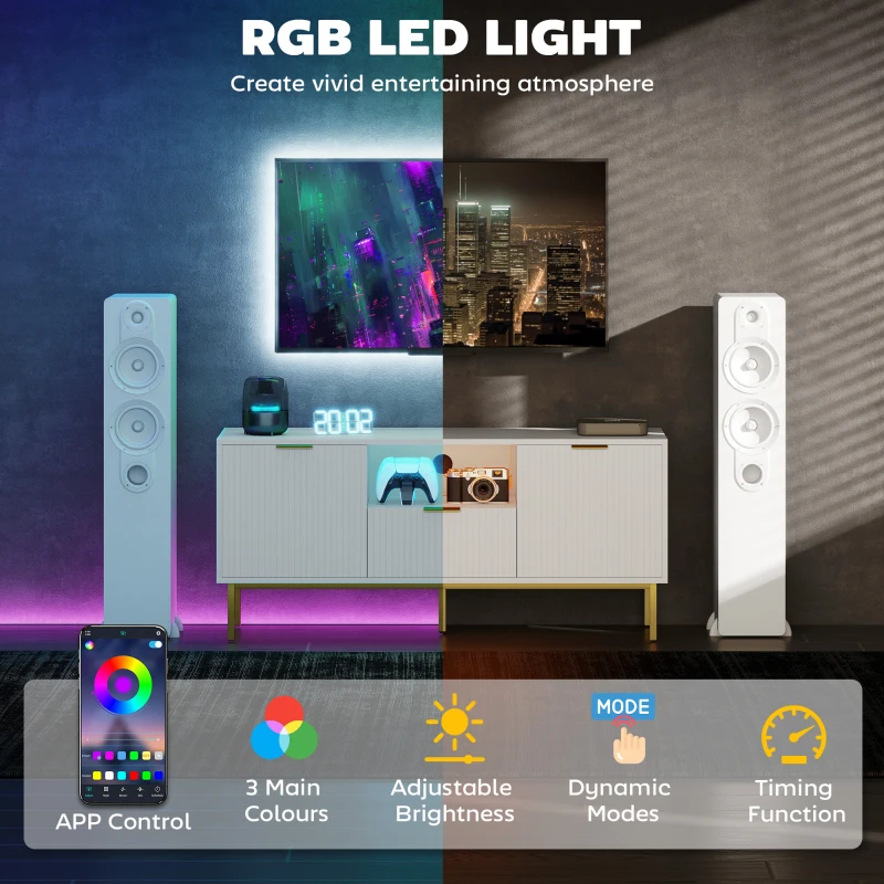 HOMCOM Modern TV Console for TVs up to 50 Inch, Entertainment Center with Smart RGB LED Lights and Soft Close Doors, White