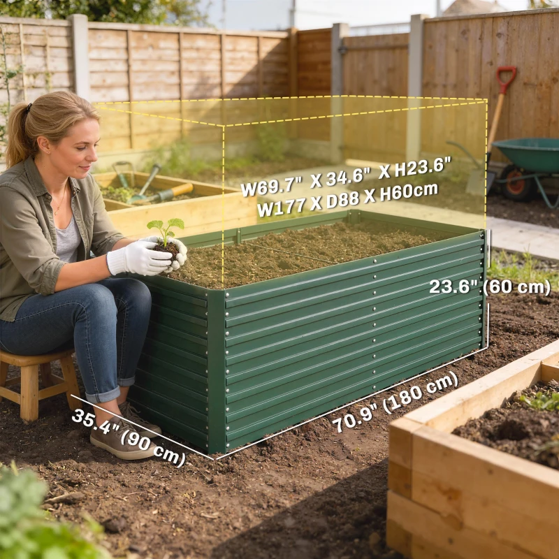Outsunny Set of 2 Galvanised Raised Garden Bed, 6 x 3 x 2 ft Metal Garden Bed with Safe Edging, Green