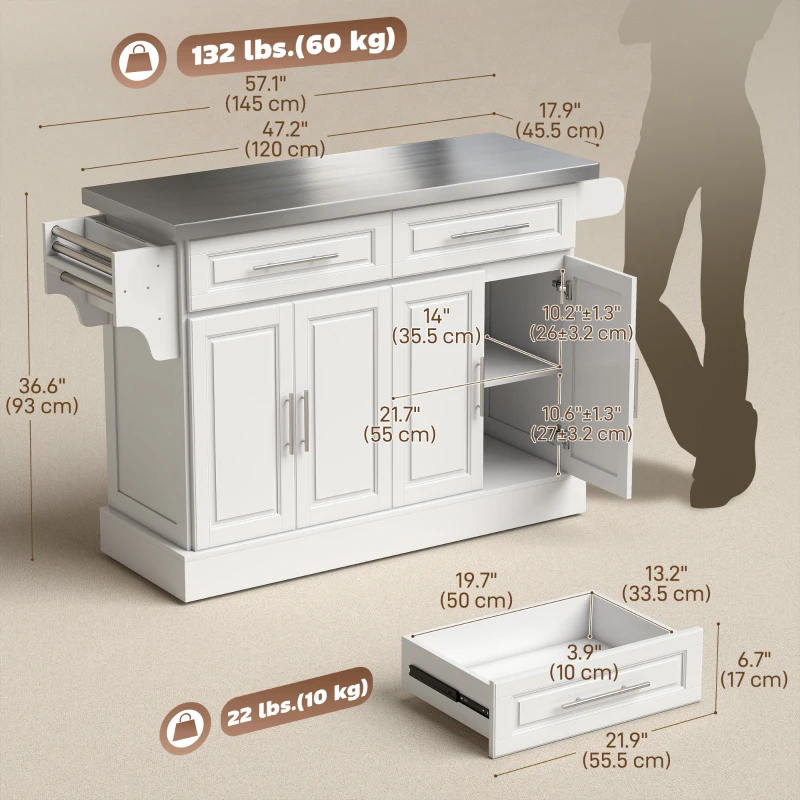 HOMCOM Rolling Kitchen Island with Storage and Stainless Steel Top, Kitchen Trolley with Drawers, Cabinets, Towel Rack