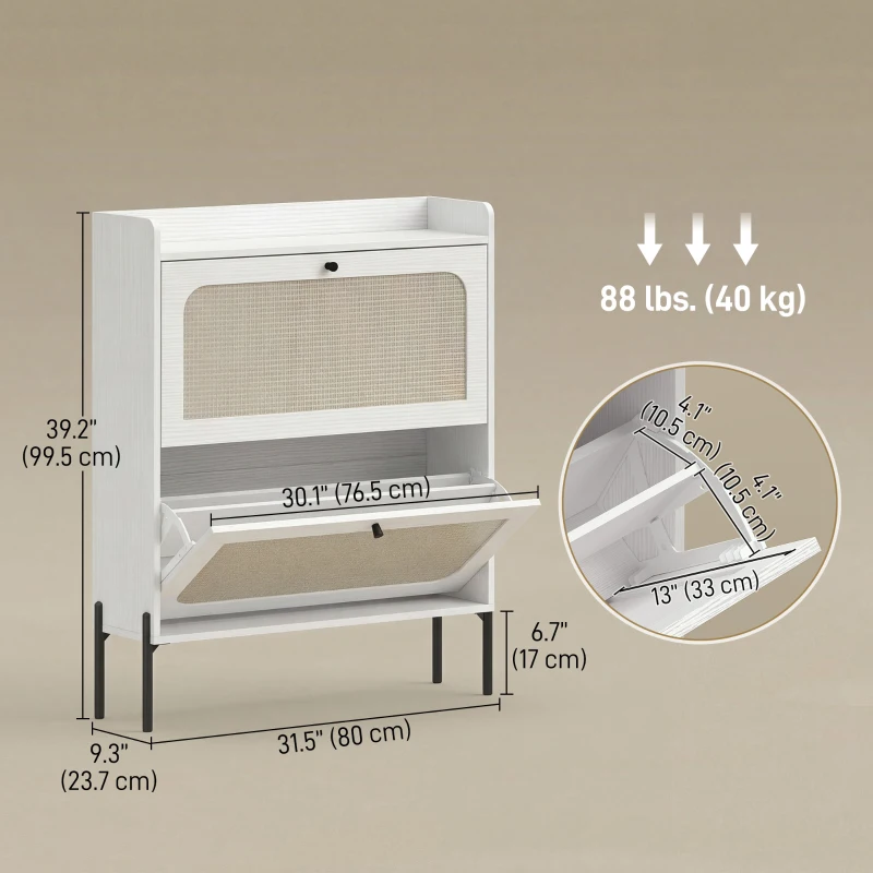HOMCOM Shoe Cabinet with 2 Flip Drawers, Boho Narrow Shoe Storage Cabinet, White