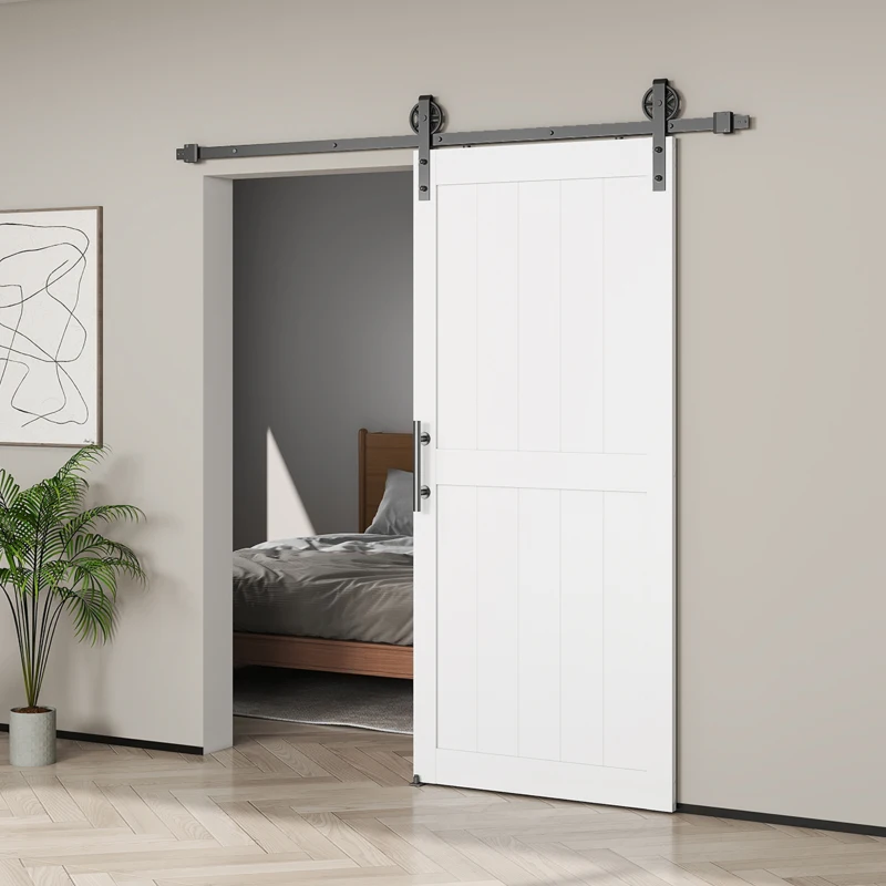 HOMCOM 32inx84in Barn Door with 6FT Sliding Door Hardware Kit, Handle, Upgraded Rollers and Floor Guide, Waterproof, White