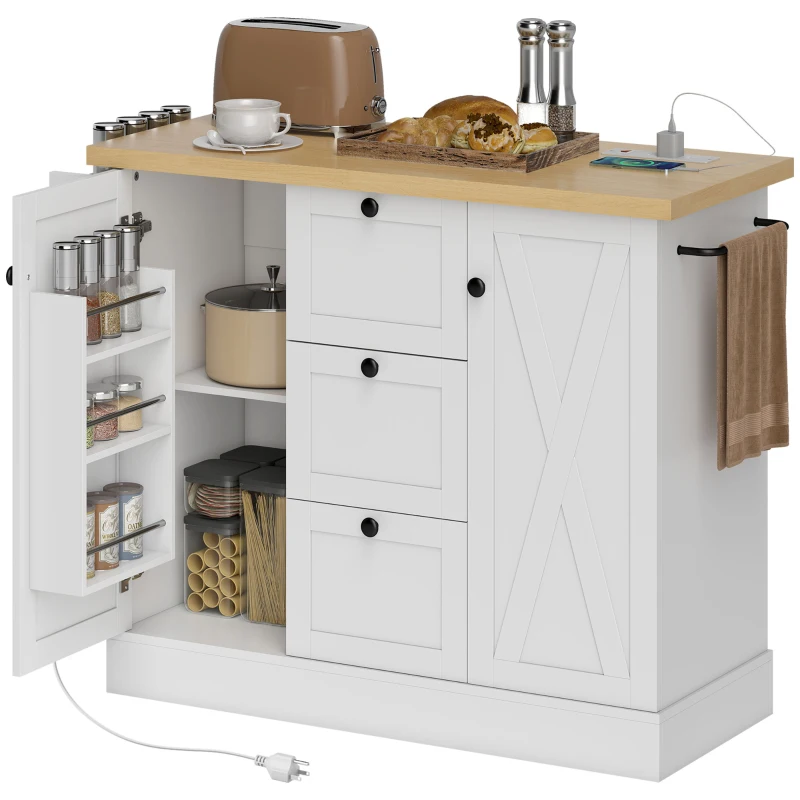 HOMCOM Farmhouse Kitchen Island Cart with Power Outlet and Soft-Close Doors, 49" Kitchen Island with 3 Drawers, White