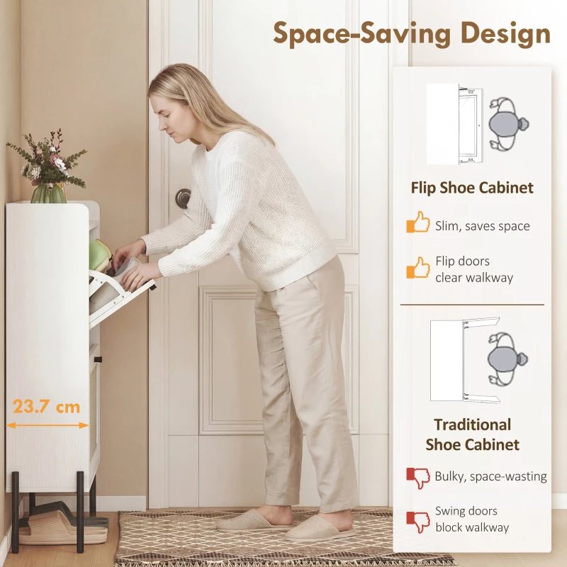 HOMCOM Shoe Cabinet with 2 Flip Drawers, Boho Narrow Shoe Storage Cabinet, White