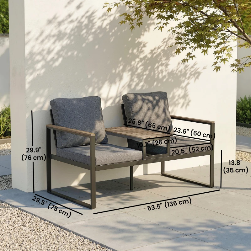 Outsunny Outdoor Garden Bench with Integrated Table, 2 Seater Patio Loveseat with Thick Cushions, 136 cm Grey