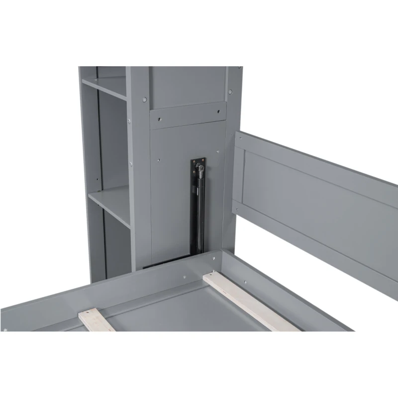 Queen Size Murphy Bed with Shelves and LED Lights, Space-Saving Wall Bed with Flexible Slats, 93.5" L x 84.5" W x 88.5" H, Grey