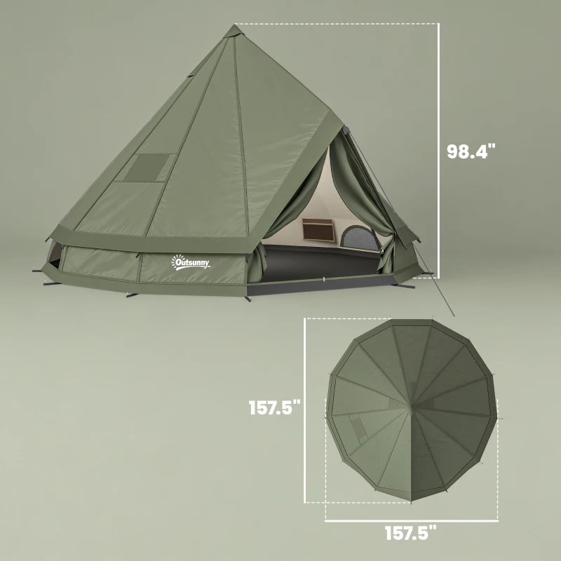 Outsunny Teepee Tent Waterproof Camping Tent with Stove Jack for 4-6 People for Outdoor Camping Hiking Army Green