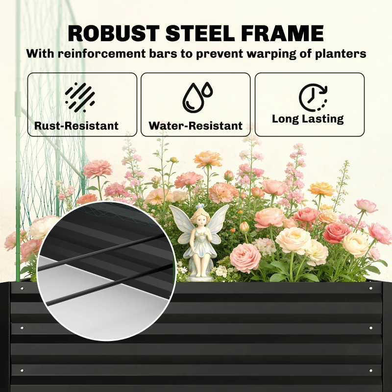 Outsunny Metal Raised Garden Bed with Trellis, Galvanized Garden Bed Kit Outdoor Garden Box with Trellis, Black