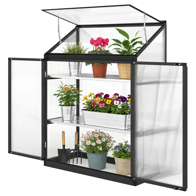 Outsunny Polycarbonate Greenhouse with 2-Tier Shelves Gardening Green House for Patio Garden, Black