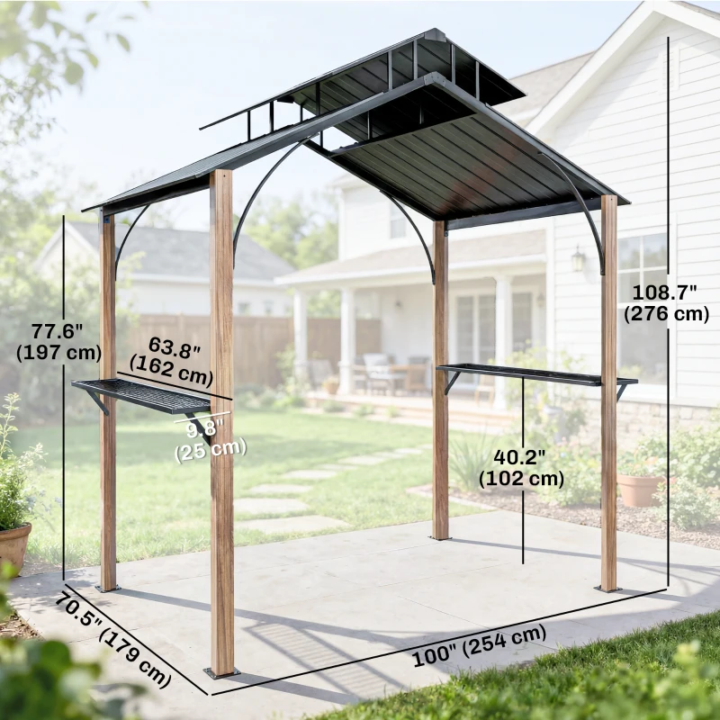 Outsunny 8 x 6ft Hardtop Grill Gazebo, BBQ Gazebo with Metal Double Roof, Outdoor Grill Canopy with Wood-Grain Aluminum Frame