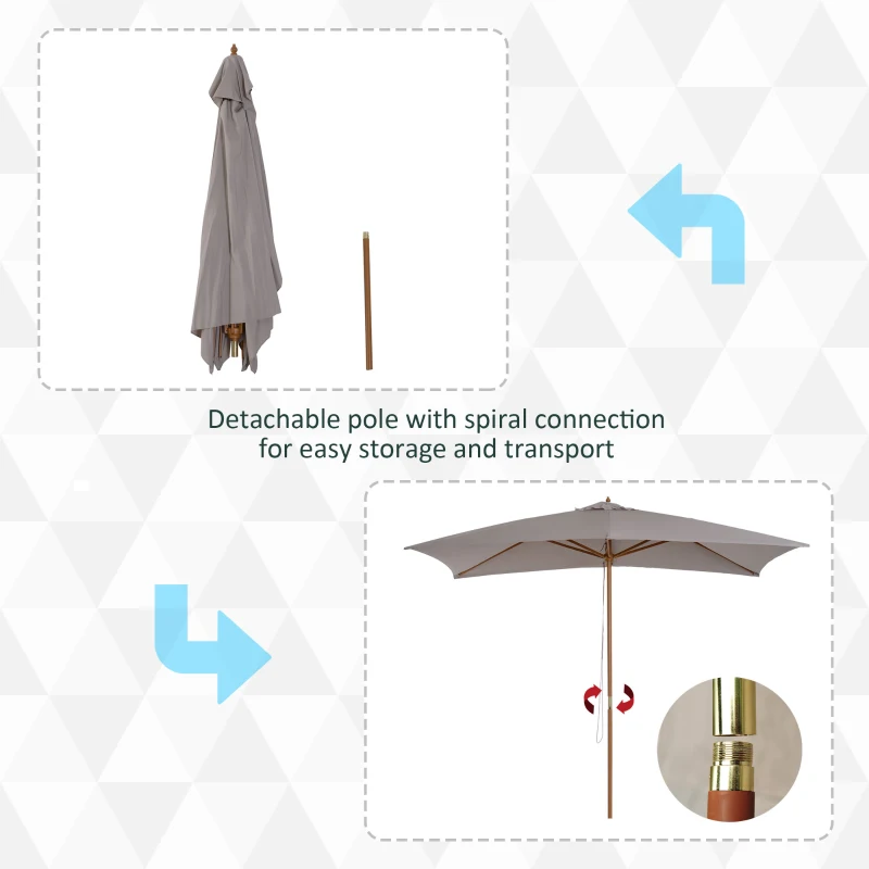 Outsunny 7' x 10' Wooden Patio Umbrella, Rectangle Garden Parasol, Outdoor Sunshade Canopy with Bamboo Ribs for Garden, Grey