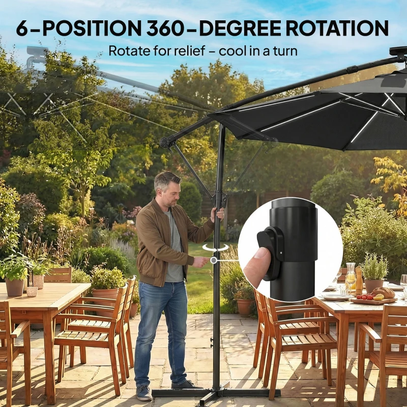 Outsunny 10 ft Offset Patio Umbrella with Solar Light, Garden Hanging Parasol with 360° Rotation, Tilt, Cover, Black