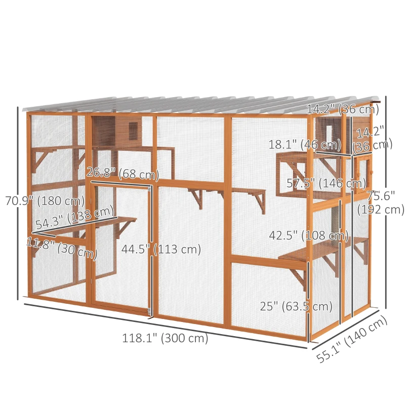 PawHut Cat Catio, Large Outdoor Cat Enclosure with 2 Condos, Jumping Platforms, Waterproof Roof, Orange