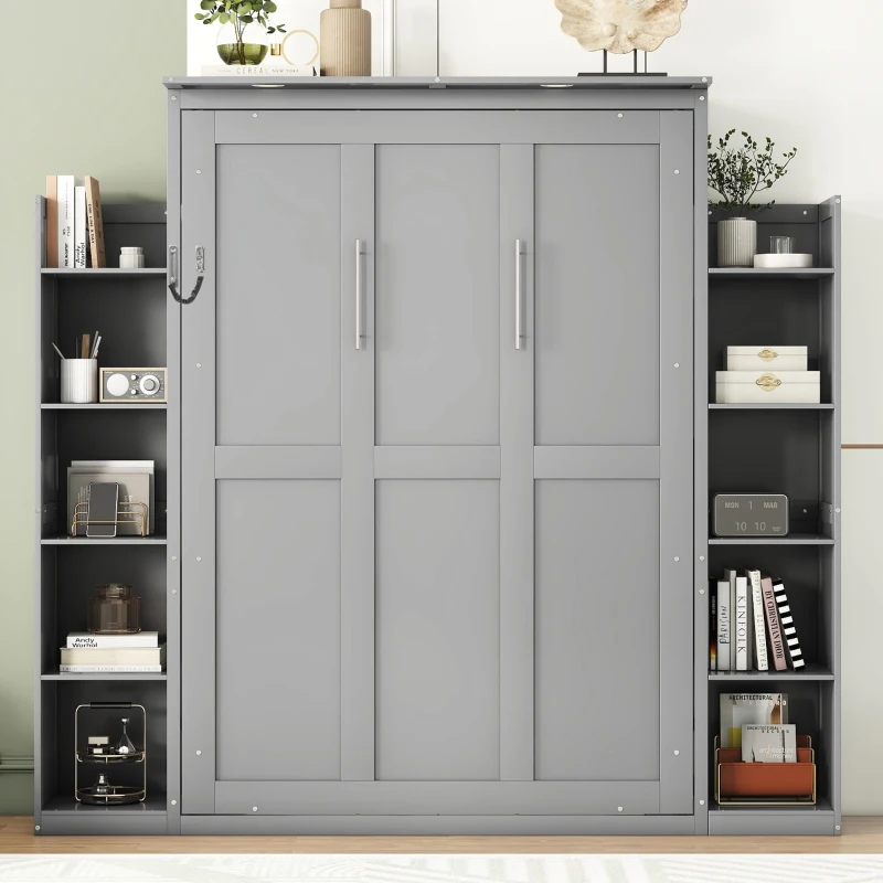 Full Size Murphy Bed with Shelves, LED Lights, Space-Saving Wall Bed with Flexible Slats, Dual Piston Mechanism, 87" L x 81" W x 83.5" H, Grey