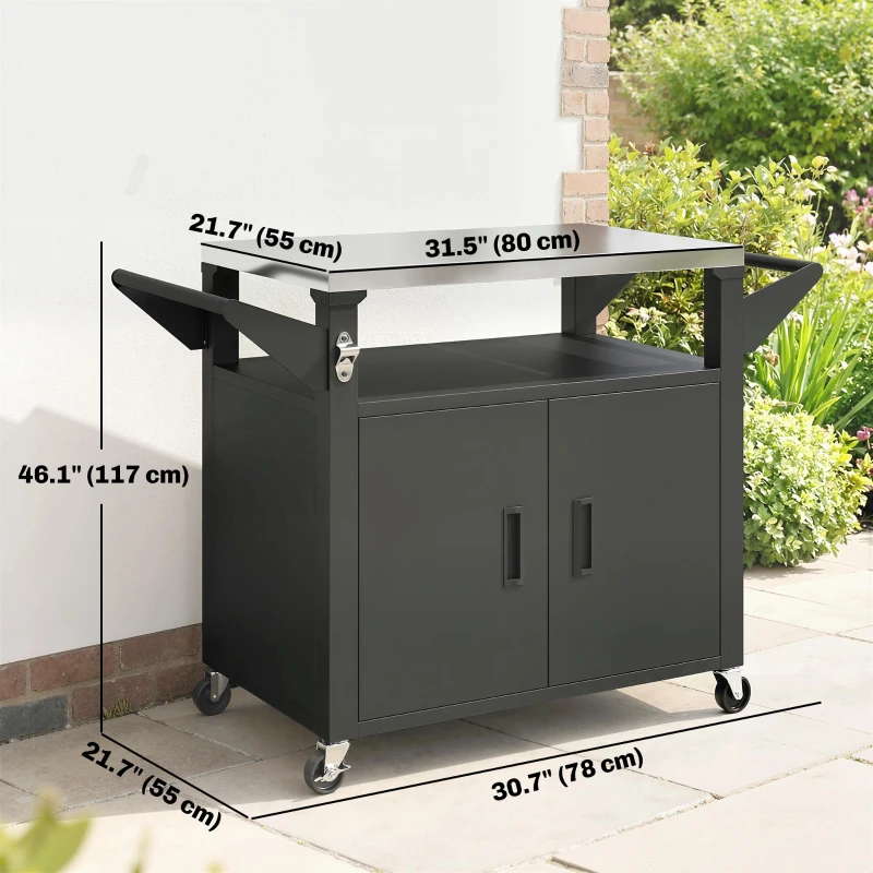 Outsunny Outdoor Grill Cart with Stainless Steel Tabletop, 3-Shelf Pizza Oven Stand with Storage Cabinet, Wheels, Black