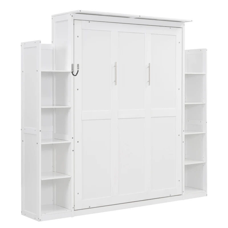 Full Size Murphy Bed with Shelves and LED Lights, Space-Saving Wall Bed with Flexible Slats, 87" L x 81" W x 83.5" H, White