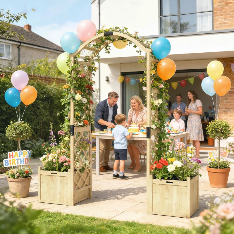 Outsunny Wooden Garden Arch with 2 Planter Boxes, Arch Trellis for Climbing Plants, Decorative Arbor Archway, Natural Wood