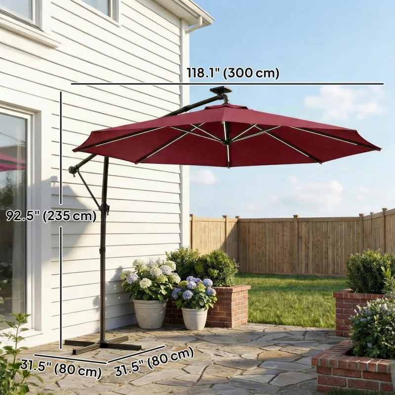 Outsunny 10 ft Offset Patio Umbrella with Solar Light, Garden Hanging Parasol with 360° Rotation, Tilt, Cover, Wine Red